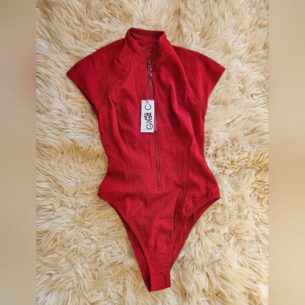 GIGI C Red Textured Zip-Front One-Piece Swimsuit